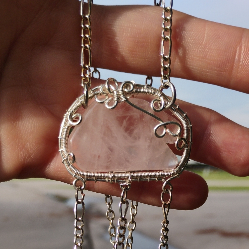 Elegant  Pink Rose Quartz Wire-Wrapped Pendant Necklace